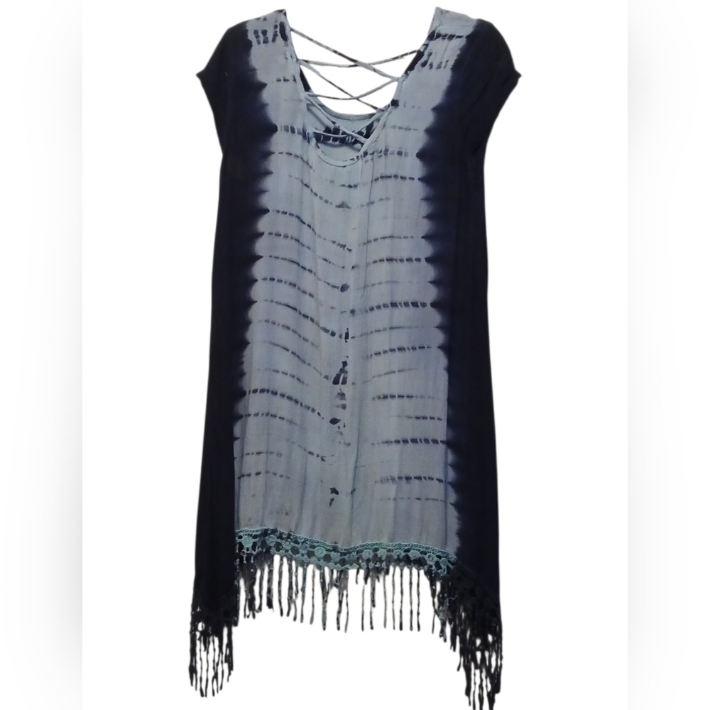 Blue Island - NWOT Hi/Lo Tie-Dye Beach Dress W/Crochet Fringe, Criss Cross Back - Picture 2 of 8